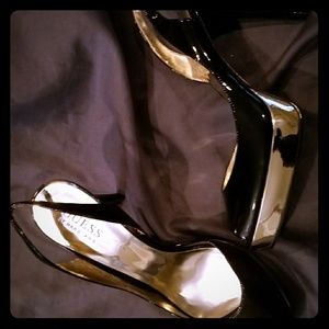 Gold base black upper patent platform heels